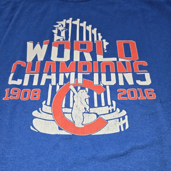 Chicago Cubs World Champions 1908 2016 Logo Blue Men's‎ Tee Shirt Size - Picture 2 of 5